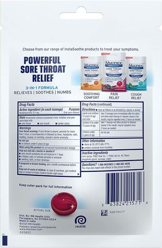 Mucinex Instasoothe Sore Throat Relief, Sore Throat Lozenges, Sore Throat Medicine with Hexylresorcinol, Cough Drops Alternative, 20 Elderberry & Wild Cherry Medicated Numbing Throat Drops in Saudi Arabia