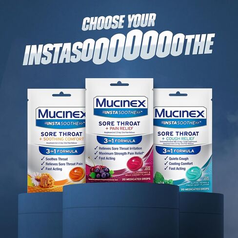 Mucinex Instasoothe Sore Throat Relief, Sore Throat Lozenges, Sore Throat Medicine with Hexylresorcinol, Cough Drops Alternative, 20 Elderberry & Wild Cherry Medicated Numbing Throat Drops in Saudi Arabia