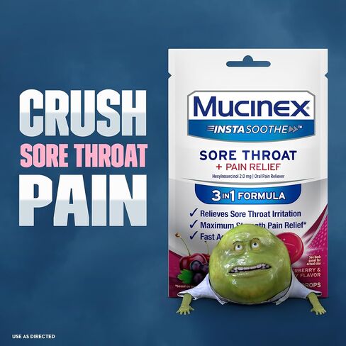 Mucinex Instasoothe Sore Throat Relief, Sore Throat Lozenges, Sore Throat Medicine with Hexylresorcinol, Cough Drops Alternative, 20 Elderberry & Wild Cherry Medicated Numbing Throat Drops in Saudi Arabia