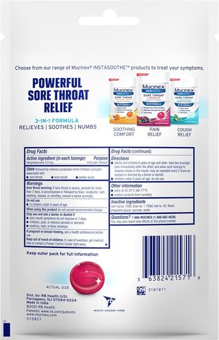 Mucinex Instasoothe Sore Throat Relief, Sore Throat Lozenges, Sore Throat Medicine with Hexylresorcinol, Cough Drops Alternative, 20 Elderberry & Wild Cherry Medicated Numbing Throat Drops in Saudi Arabia