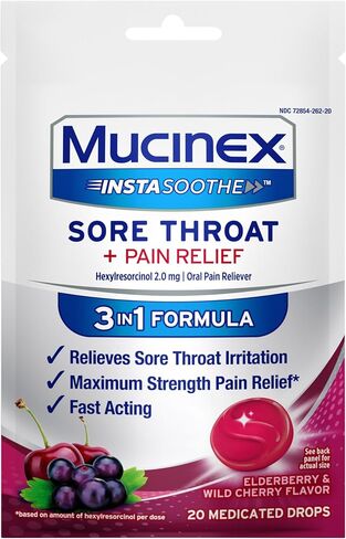 Mucinex Instasoothe Sore Throat Relief, Sore Throat Lozenges, Sore Throat Medicine with Hexylresorcinol, Cough Drops Alternative, 20 Elderberry & Wild Cherry Medicated Numbing Throat Drops in Saudi Arabia
