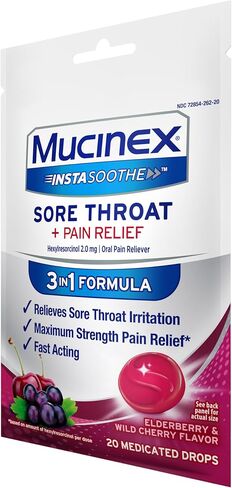 Mucinex Instasoothe Sore Throat Relief, Sore Throat Lozenges, Sore Throat Medicine with Hexylresorcinol, Cough Drops Alternative, 20 Elderberry & Wild Cherry Medicated Numbing Throat Drops in Saudi Arabia