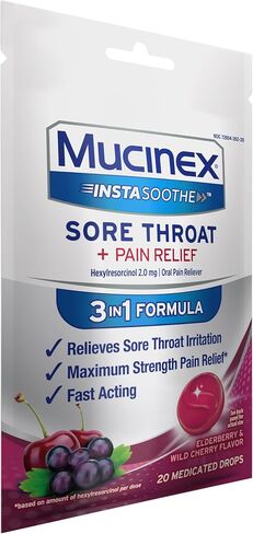 Mucinex Instasoothe Sore Throat Relief, Sore Throat Lozenges, Sore Throat Medicine with Hexylresorcinol, Cough Drops Alternative, 20 Elderberry & Wild Cherry Medicated Numbing Throat Drops in Saudi Arabia