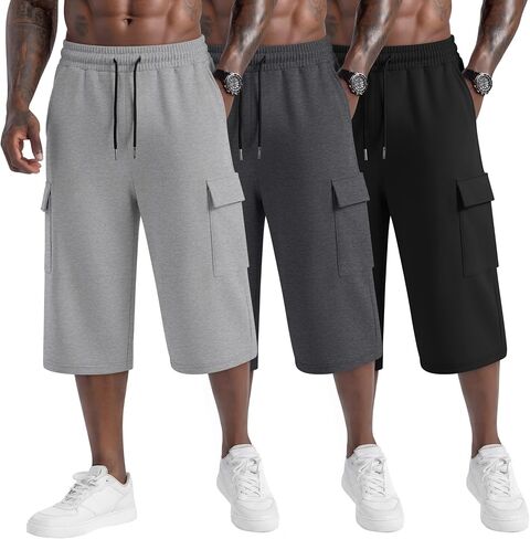 Neer 3 Pack Men's Capri Cargo Pants Big and Tall Baggy 3/4 Shorts Drawstring Below Knee Pants Summer Casual with Pockets in Kuwait