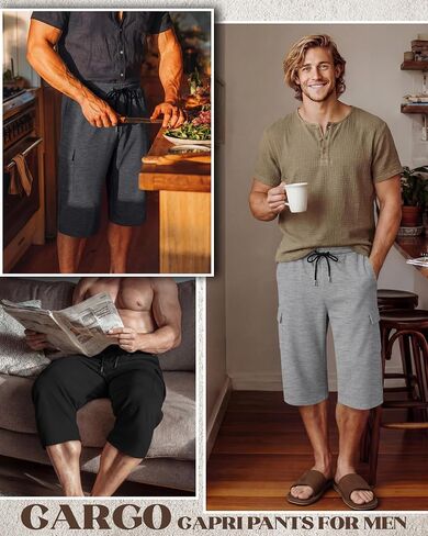Neer 3 Pack Men's Capri Cargo Pants Big and Tall Baggy 3/4 Shorts Drawstring Below Knee Pants Summer Casual with Pockets in Kuwait