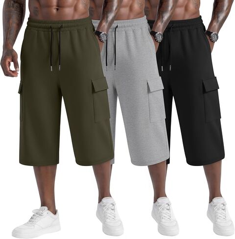Neer 3 Pack Men's Capri Cargo Pants Big and Tall Baggy 3/4 Shorts Drawstring Below Knee Pants Summer Casual with Pockets in Kuwait