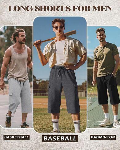 Neer 3 Pack Men's Capri Cargo Pants Big and Tall Baggy 3/4 Shorts Drawstring Below Knee Pants Summer Casual with Pockets in Kuwait