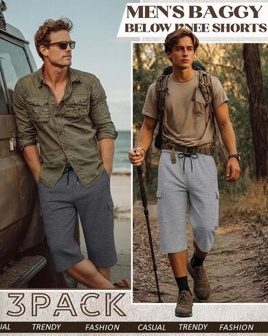 Neer 3 Pack Men's Capri Cargo Pants Big and Tall Baggy 3/4 Shorts Drawstring Below Knee Pants Summer Casual with Pockets in Kuwait