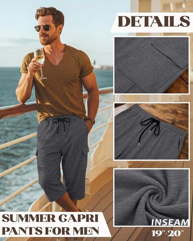 Neer 3 Pack Men's Capri Cargo Pants Big and Tall Baggy 3/4 Shorts Drawstring Below Knee Pants Summer Casual with Pockets in Kuwait