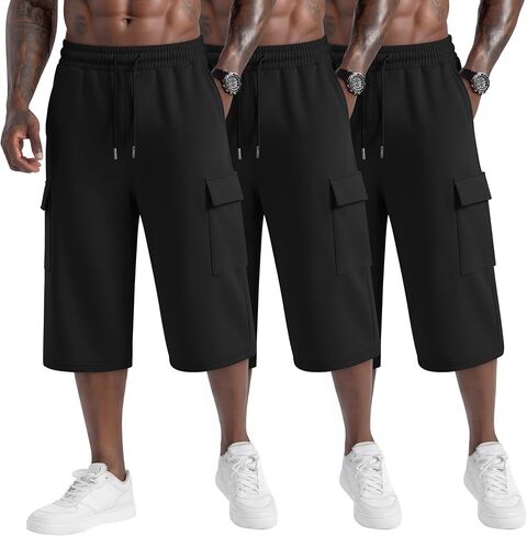 Neer 3 Pack Men's Capri Cargo Pants Big and Tall Baggy 3/4 Shorts Drawstring Below Knee Pants Summer Casual with Pockets in Kuwait