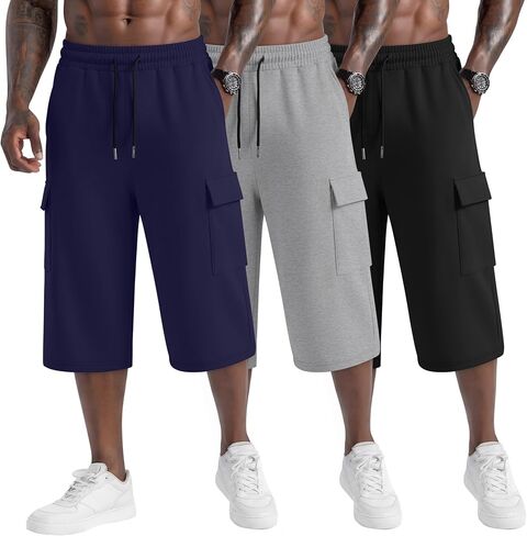 Neer 3 Pack Men's Capri Cargo Pants Big and Tall Baggy 3/4 Shorts Drawstring Below Knee Pants Summer Casual with Pockets in Kuwait