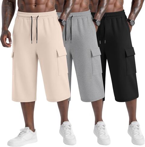 Neer 3 Pack Men's Capri Cargo Pants Big and Tall Baggy 3/4 Shorts Drawstring Below Knee Pants Summer Casual with Pockets in Kuwait