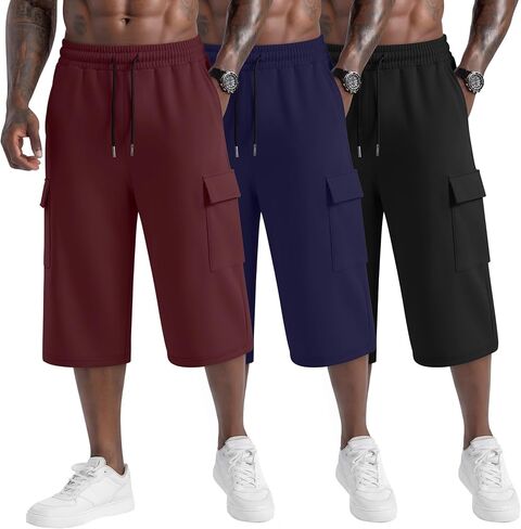 Neer 3 Pack Men's Capri Cargo Pants Big and Tall Baggy 3/4 Shorts Drawstring Below Knee Pants Summer Casual with Pockets in Kuwait