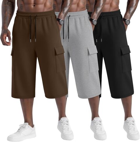 Neer 3 Pack Men's Capri Cargo Pants Big and Tall Baggy 3/4 Shorts Drawstring Below Knee Pants Summer Casual with Pockets in Kuwait