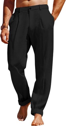 Mens Linen Beach Pants Casual Summer Elastic Waist Slacks Lightweight Loose Fit Trousers in Saudi Arabia