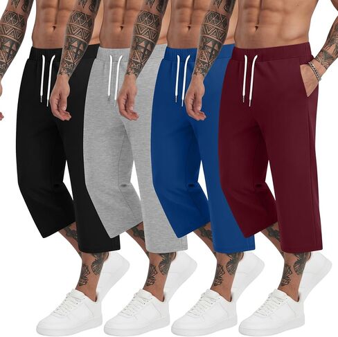 Ficerd 4 Pack Men's Capris Pants Baggy Casual Below Knee 3/4 Shorts Summer Drawstring Sweatpants with Pockets in Kuwait
