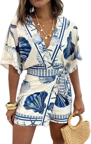 REASERAL Women's Seashell Print Wrap Front Romper V Neck Short Sleeve Belted Summer Beach Vacation One Piece Outfit in Kuwait