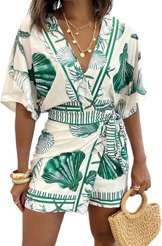 REASERAL Women's Seashell Print Wrap Front Romper V Neck Short Sleeve Belted Summer Beach Vacation One Piece Outfit in Kuwait