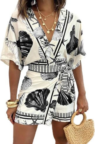 REASERAL Women's Seashell Print Wrap Front Romper V Neck Short Sleeve Belted Summer Beach Vacation One Piece Outfit in Kuwait