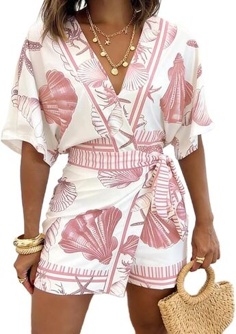 REASERAL Women's Seashell Print Wrap Front Romper V Neck Short Sleeve Belted Summer Beach Vacation One Piece Outfit in Kuwait