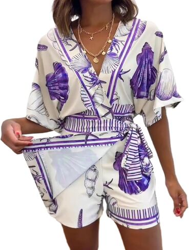 REASERAL Women's Seashell Print Wrap Front Romper V Neck Short Sleeve Belted Summer Beach Vacation One Piece Outfit in Kuwait