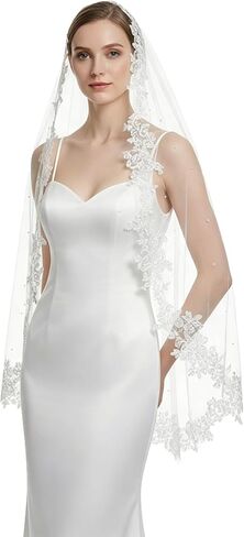 Lace Bride Wedding Veil 1 Tier Floral Edge with Pearl Bridal Tulle Veil with Comb for Women in Saudi Arabia