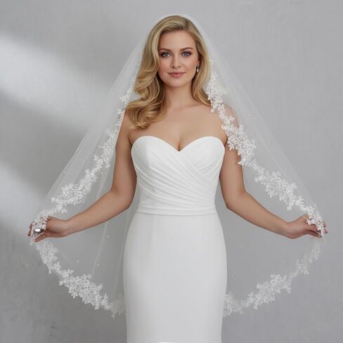 Lace Bride Wedding Veil 1 Tier Floral Edge with Pearl Bridal Tulle Veil with Comb for Women in Saudi Arabia