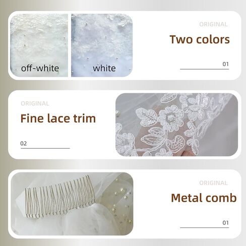 Lace Bride Wedding Veil 1 Tier Floral Edge with Pearl Bridal Tulle Veil with Comb for Women in Saudi Arabia