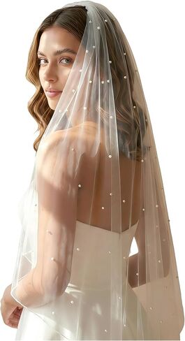 JEWSUN Pearls Bridal Veil Wedding Veil 1 Tier with Tulle-Wrapped Metal Comb Pencil Edge in Saudi Arabia
