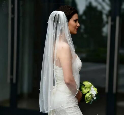 JEWSUN Pearls Bridal Veil Wedding Veil 1 Tier with Tulle-Wrapped Metal Comb Pencil Edge in Saudi Arabia