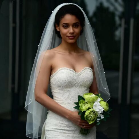 JEWSUN Pearls Bridal Veil Wedding Veil 1 Tier with Tulle-Wrapped Metal Comb Pencil Edge in Saudi Arabia