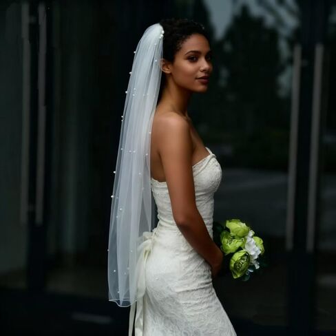 JEWSUN Pearls Bridal Veil Wedding Veil 1 Tier with Tulle-Wrapped Metal Comb Pencil Edge in Saudi Arabia