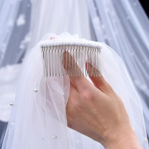 JEWSUN Pearls Bridal Veil Wedding Veil 1 Tier with Tulle-Wrapped Metal Comb Pencil Edge in Saudi Arabia