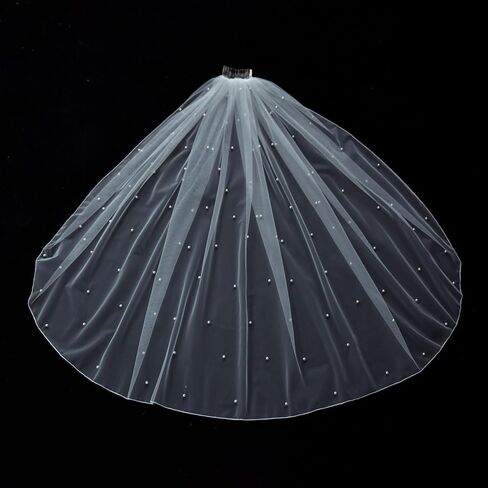 JEWSUN Pearls Bridal Veil Wedding Veil 1 Tier with Tulle-Wrapped Metal Comb Pencil Edge in Saudi Arabia