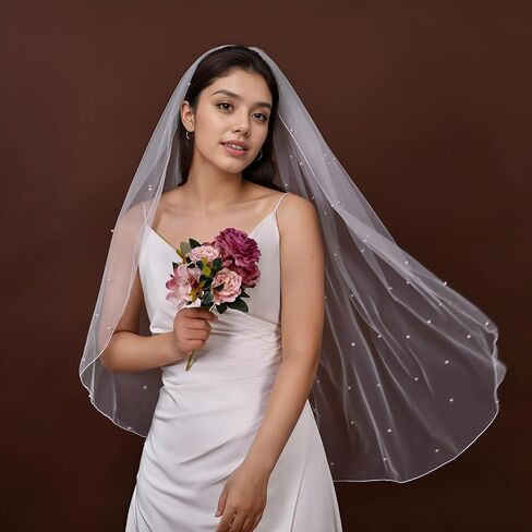 JEWSUN Pearls Bridal Veil Wedding Veil 1 Tier with Tulle-Wrapped Metal Comb Pencil Edge in Saudi Arabia