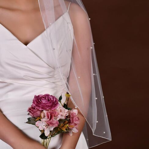 JEWSUN Pearls Bridal Veil Wedding Veil 1 Tier with Tulle-Wrapped Metal Comb Pencil Edge in Saudi Arabia
