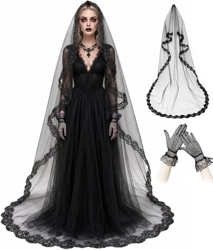 110" Black Lace Veil Brides, Long Gothic Wedding Shawl with Lace Gloves for Halloween Funeral Cosplay in Saudi Arabia