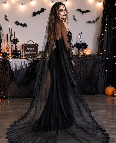 110" Black Lace Veil Brides, Long Gothic Wedding Shawl with Lace Gloves for Halloween Funeral Cosplay in Saudi Arabia