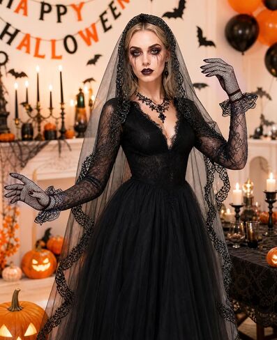 110" Black Lace Veil Brides, Long Gothic Wedding Shawl with Lace Gloves for Halloween Funeral Cosplay in Saudi Arabia