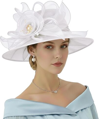 AQOKKA Women Organza Church Fascinators Kentucky Derby Hats for Women and Girls Wedding Flower Tea Party Hat with Wide Brim in Kuwait