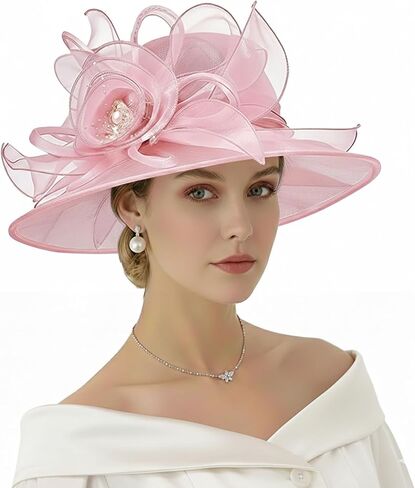 AQOKKA Women Organza Church Fascinators Kentucky Derby Hats for Women and Girls Wedding Flower Tea Party Hat with Wide Brim in Kuwait