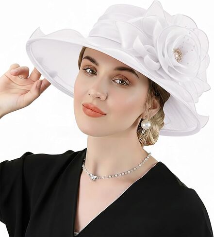 AQOKKA Women Organza Church Fascinators Kentucky Derby Hats for Women and Girls Wedding Flower Tea Party Hat with Wide Brim in Kuwait
