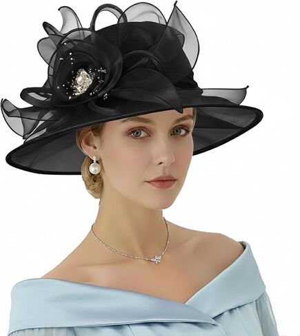 AQOKKA Women Organza Church Fascinators Kentucky Derby Hats for Women and Girls Wedding Flower Tea Party Hat with Wide Brim in Kuwait