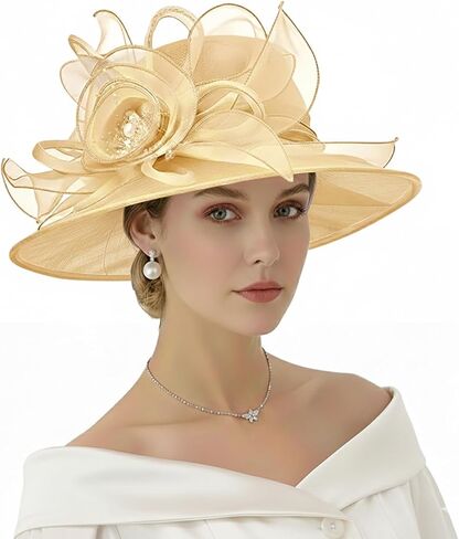 AQOKKA Women Organza Church Fascinators Kentucky Derby Hats for Women and Girls Wedding Flower Tea Party Hat with Wide Brim in Kuwait