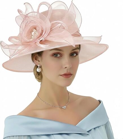 AQOKKA Women Organza Church Fascinators Kentucky Derby Hats for Women and Girls Wedding Flower Tea Party Hat with Wide Brim in Kuwait