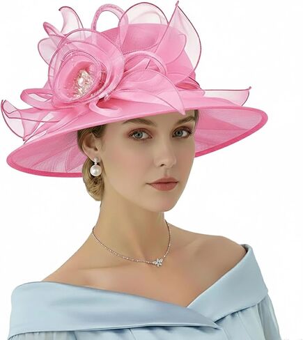 AQOKKA Women Organza Church Fascinators Kentucky Derby Hats for Women and Girls Wedding Flower Tea Party Hat with Wide Brim in Kuwait