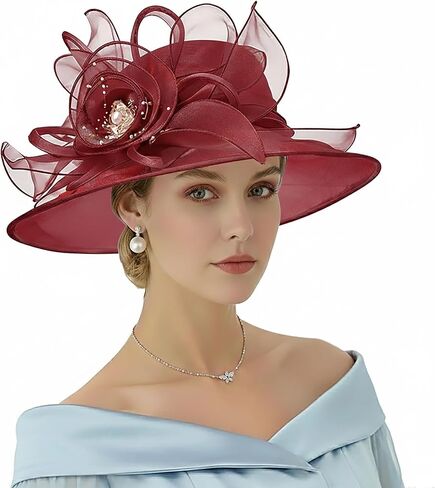 AQOKKA Women Organza Church Fascinators Kentucky Derby Hats for Women and Girls Wedding Flower Tea Party Hat with Wide Brim in Kuwait
