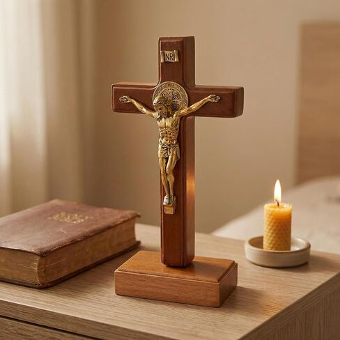 Wooden Crucifix Stand and Wall Cross, 5.5in Small Jesus Cross for Home Decor, Catholic Cross Decor, Prayer Cross, Standing Cross for Table, Shelf, Bedroom, Office, Religious Gift in Saudi Arabia