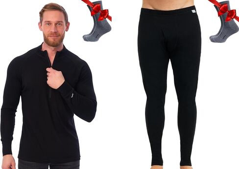 Merino.tech Merino Wool Base Layer Mens Set - Lite Thermal Underwear for Men Top, Bottom + Wool Socks, 165 Black (Large) in Saudi Arabia