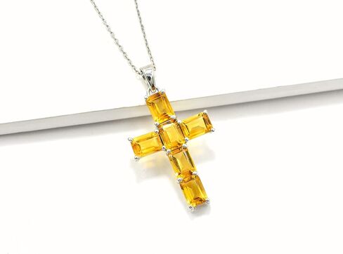 Natural Citrine 7X5 MM Octagon Gemstone 925 Sterling Silver Holy Cross Pendant Necklace November Birthstone Wedding Jewelry Bridal Gift (PD-8436) in Kuwait